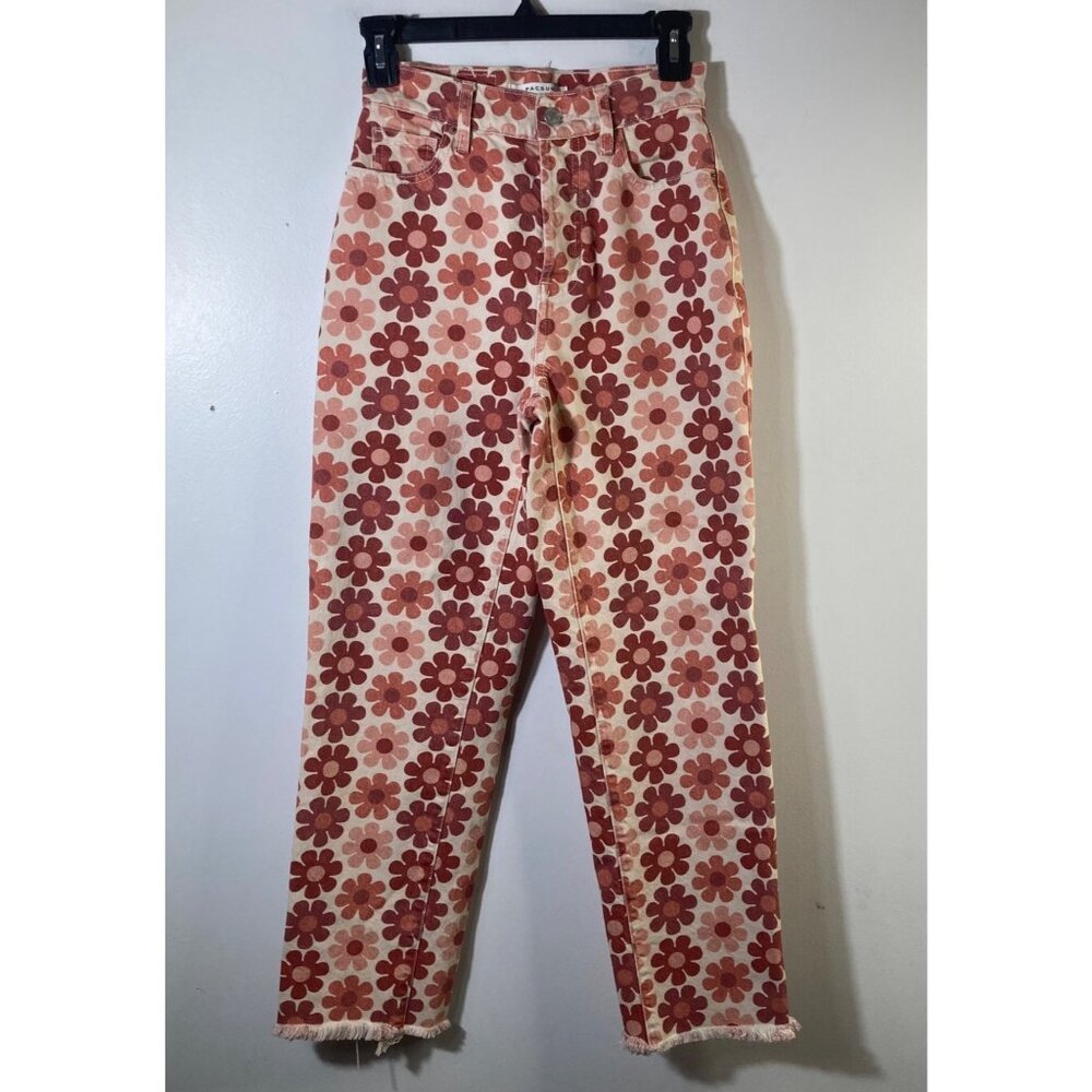 Womens Pacsun Eco Flower Power High Rise Straight Jeans Buttonfly 24" Raw Hem
